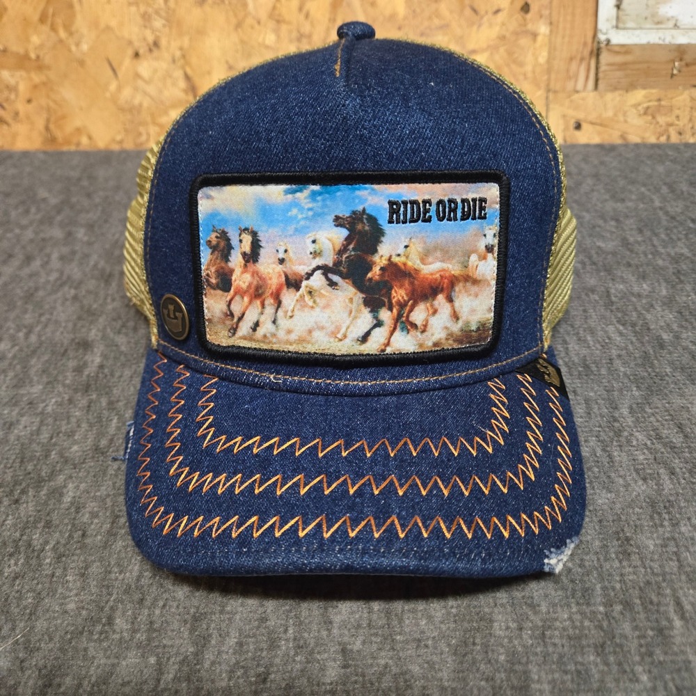 Goorin Brothers Trucker Hat Blue Denim Ride Or Die Wild Horses Patch